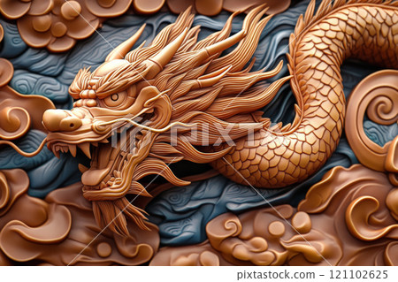 Majestic dragon sculpture with intricate details, showcasing vibrant colors and textures. dragons fierce expression and flowing form evoke sense of power and artistry Majestic dragon sculpture with intricate details, showcasing vibrant colors and textures. dragons fierce expression and flowing form evoke sense of power and artistry 121102625