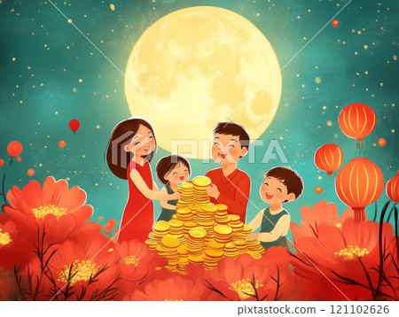 Creating joyful scene of family celebration during Mid Autumn Festival, surrounded by flowers and lanterns under bright moon 121102626