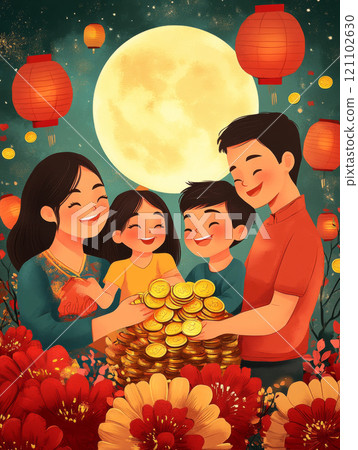 joyful family celebrates Mid Autumn Festival, surrounded by lanterns and flowers, sharing smiles and pile of gold coins under bright full moon 121102630