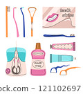 Set of oral hygiene products in a flat style. Different toothbrushes, toothpastes, dental floss, mouth rinse, teeth strips, irrigator 121102697
