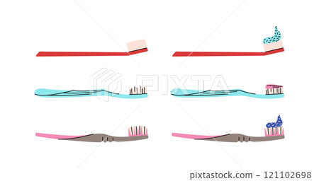 Collection of toothbrushes and toothpaste. Dentistry concept, oral care. Different toothbrushes designs with different paste. Colorful vector set Collection of toothbrushes and toothpaste. Dentistry concept, oral care. Different toothbrushes designs with different paste. Colorful vector set 121102698