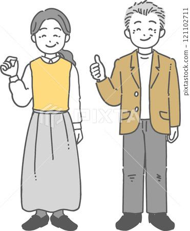 Illustration of a middle-aged/senior man and woman smiling and making an OK sign Illustration of a middle-aged/senior man and woman smiling and making an OK sign 121102711