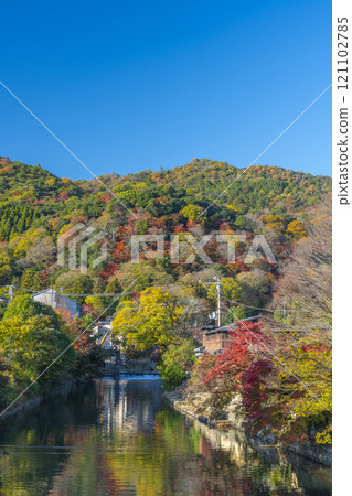 秋天的嵐山,大井川支流中之島橋的風景 秋天的嵐山,大井川支流中之島橋的風景 121102785