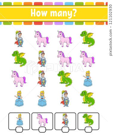 Counting game for children. Happy characters. Learning mathematics. How many object in the picture. Education worksheet. With space for answers. Vector illustration. 121102930