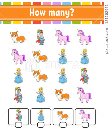 Counting game for children. Happy characters. Learning mathematics. How many object in the picture. Education worksheet. With space for answers. Vector illustration. Counting game for children. Happy characters. Learning mathematics. How many object in the picture. Education worksheet. With space for answers. Vector illustration. 121102931