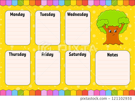 School schedule. Timetable for schoolboys. Empty template. Weekly planer with notes. Isolated color vector illustration. cartoon character. 121102938