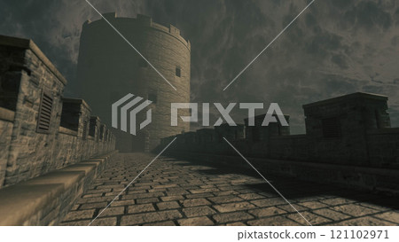 A fantastical castle at night shrouded in mist A fantastical castle at night shrouded in mist 121102971