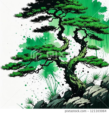 這是一棵水墨畫風格的松樹。我們使用人工智慧生成的圖像。 121103064