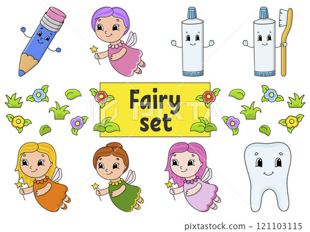 Set of stickers with cute cartoon characters. Hand drawn. Colorful pack. Patch badges collection for kids. For daily planner, organizer, diary. Vector illustration. 121103115