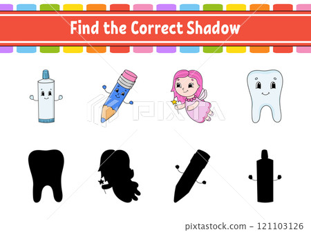 Find the correct shadow. Education developing worksheet. Matching game for kids. Color activity page. Puzzle for children. Cute character. Vector illustration. Find the correct shadow. Education developing worksheet. Matching game for kids. Color activity page. Puzzle for children. Cute character. Vector illustration. 121103126