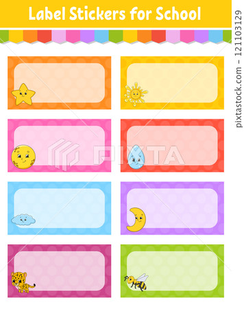 School labels for books and notebooks. Bright stickers. Rectangular label. Vector illustration. School labels for books and notebooks. Bright stickers. Rectangular label. Vector illustration. 121103129