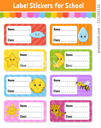 Name and class. Back to school labels. Set stickers for notebook. Bright stickers. Rectangular label. Vector illustration. Name and class. Back to school labels. Set stickers for notebook. Bright stickers. Rectangular label. Vector illustration. 121103132