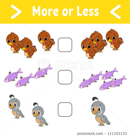 More or less. Educational activity worksheet for kids and toddlers. Vector illustration. 121103133