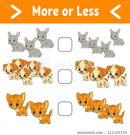 More or less. Educational activity worksheet for kids and toddlers. Vector illustration. 121103134