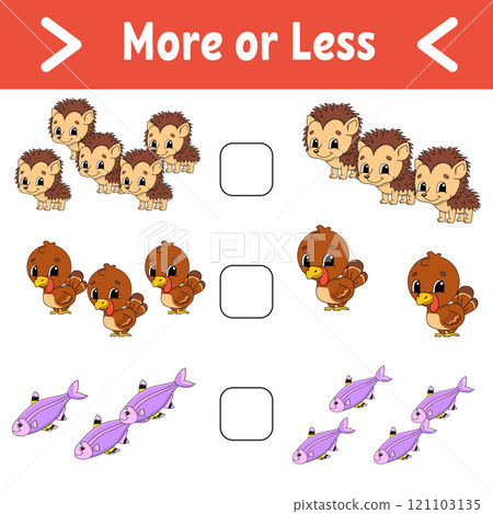 More or less. Educational activity worksheet for kids and toddlers. Vector illustration. More or less. Educational activity worksheet for kids and toddlers. Vector illustration. 121103135