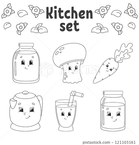 Coloring book for kids. Cheerful characters. Cute cartoon style. Black contour silhouette. Isolated on white background. Vector illustration. 121103161