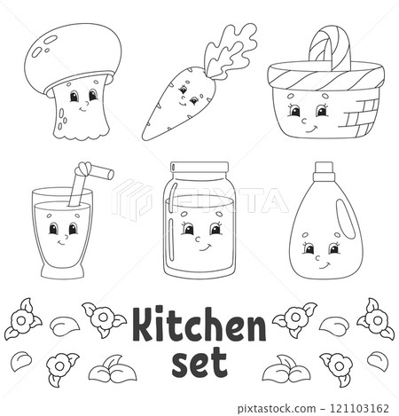 Coloring book for kids. Cheerful characters. Cute cartoon style. Black contour silhouette. Isolated on white background. Vector illustration. 121103162