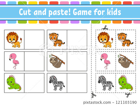 Cut and paste. Game for kids. Educational activity worksheet for kids and toddlers. Game for children. Vector illustration. Cut and paste. Game for kids. Educational activity worksheet for kids and toddlers. Game for children. Vector illustration. 121103190