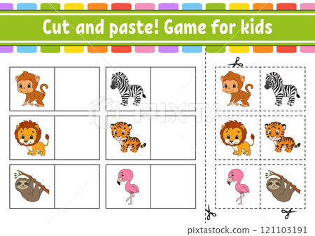 Cut and paste. Game for kids. Educational activity worksheet for kids and toddlers. Game for children. Vector illustration. Cut and paste. Game for kids. Educational activity worksheet for kids and toddlers. Game for children. Vector illustration. 121103191