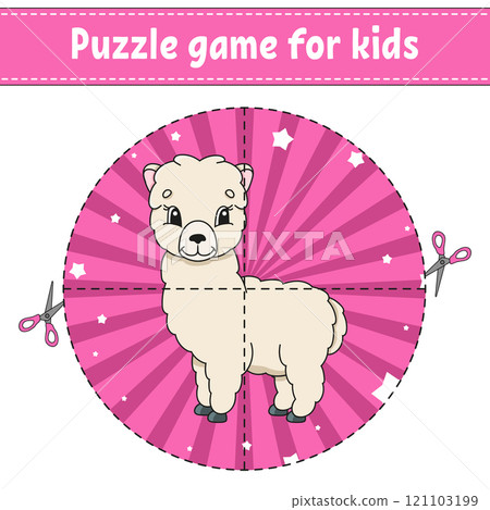 Cut and play. Round puzzle. Logic puzzle for kids. Activity page. Cutting practice for preschool. cartoon character. Vector illustration. 121103199
