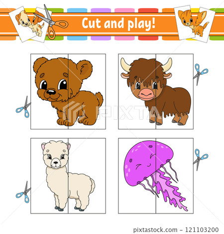 Cut and play. Flash cards. Color puzzle. Education developing worksheet. Activity page. Game for children. cartoon . Funny character. Vector illustration. 121103200