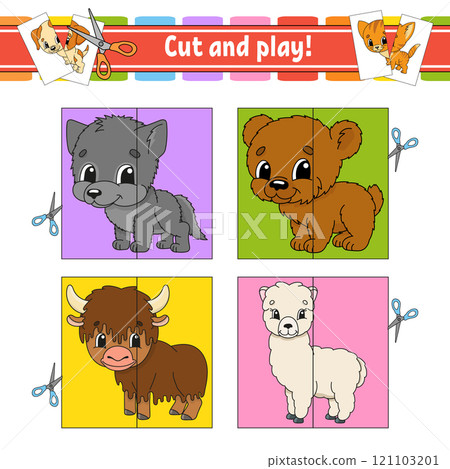 Cut and play. Flash cards. Color puzzle. Education developing worksheet. Activity page. Game for children. cartoon . Funny character. Vector illustration. Cut and play. Flash cards. Color puzzle. Education developing worksheet. Activity page. Game for children. cartoon . Funny character. Vector illustration. 121103201