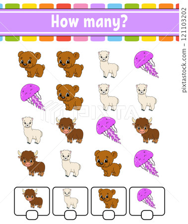 Counting game for children. Happy characters. Learning mathematics. How many object in the picture. Education worksheet. With space for answers. Vector illustration. 121103202