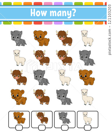 Counting game for children. Happy characters. Learning mathematics. How many object in the picture. Education worksheet. With space for answers. Vector illustration. 121103203