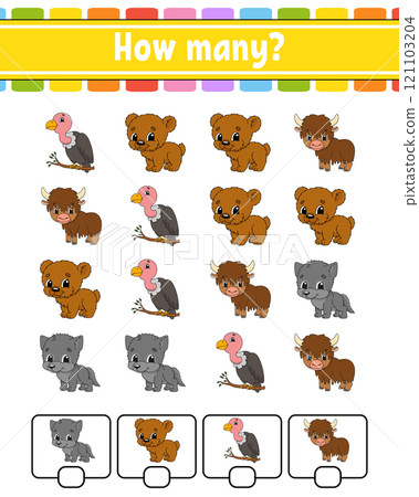 Counting game for children. Happy characters. Learning mathematics. How many object in the picture. Education worksheet. With space for answers. Vector illustration. 121103204