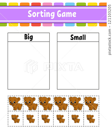 Sorting game for children. Happy characters. Big and small. Education worksheet. Vector illustration. 121103205