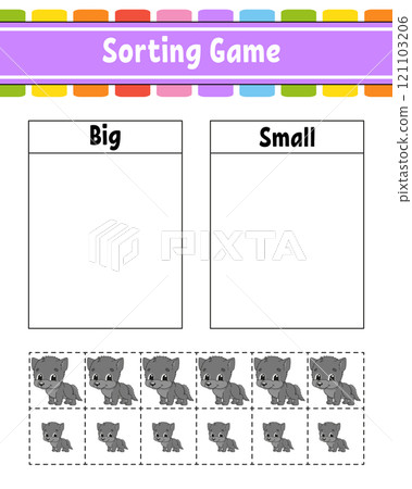 Sorting game for children. Happy characters. Big and small. Education worksheet. Vector illustration. Sorting game for children. Happy characters. Big and small. Education worksheet. Vector illustration. 121103206