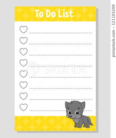 To do list for kids. Empty template. The rectangular shape. Funny character. cartoon . For the diary, notebook, bookmark. Vector illustration. 121103209