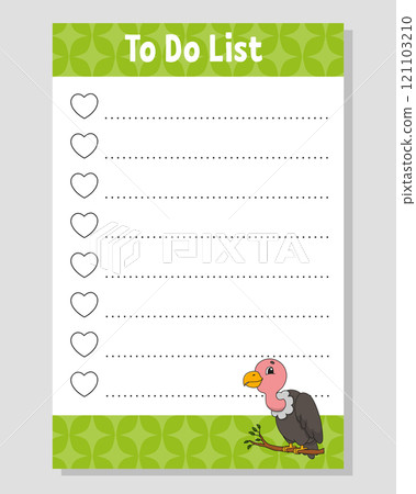 To do list for kids. Empty template. The rectangular shape. Funny character. cartoon . For the diary, notebook, bookmark. Vector illustration. 121103210