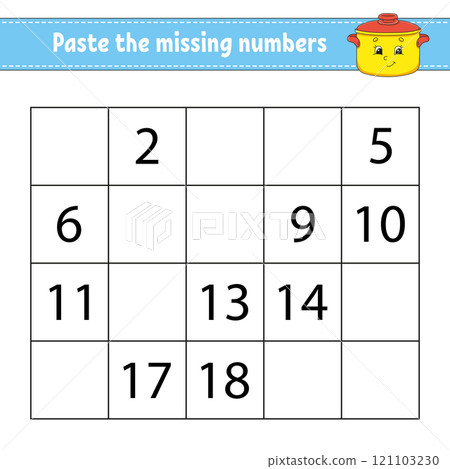 Paste the missing numbers 1-20. Game for children. Handwriting practice. Learning numbers for kids. Education developing worksheet. Activity page. Vector illustration. Paste the missing numbers 1-20. Game for children. Handwriting practice. Learning numbers for kids. Education developing worksheet. Activity page. Vector illustration. 121103230
