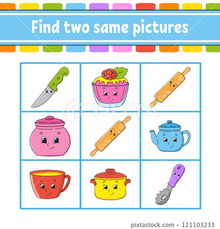 Find two same pictures. Task for kids. Education developing worksheet. Activity page. Color game for children. Funny character. Cartoon . Vector illustration. Find two same pictures. Task for kids. Education developing worksheet. Activity page. Color game for children. Funny character. Cartoon . Vector illustration. 121103233
