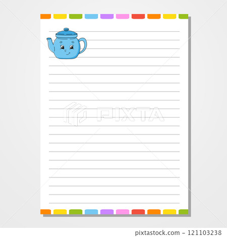 Sheet template for notebook, notepad, diary. Lined paper. Cute character. With a color image. cartoon . Vector illustration. 121103238