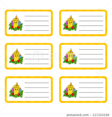 School labels for books and notebooks. Bright stickers. Rectangular label. Vector illustration. School labels for books and notebooks. Bright stickers. Rectangular label. Vector illustration. 121103288