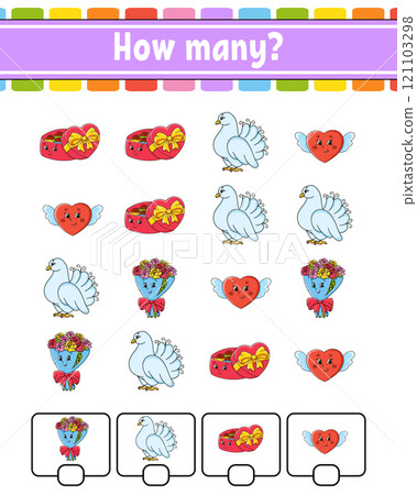 Counting game for children. Happy characters. Learning mathematics. How many object in the picture. Education worksheet. With space for answers. Vector illustration. Counting game for children. Happy characters. Learning mathematics. How many object in the picture. Education worksheet. With space for answers. Vector illustration. 121103298
