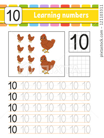 Trace and write numbers. Handwriting practice. Learning numbers for kids. Education developing worksheet. Activity page. Vector illustration. 121103311
