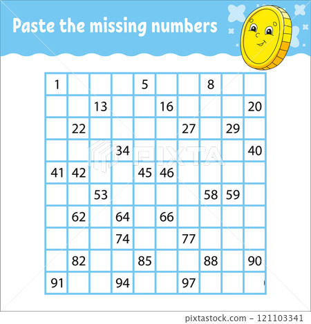 Paste the missing numbers from 1 to 100. Handwriting practice. Learning numbers for kids. Education developing worksheet. Activity page. Vector illustration. 121103341