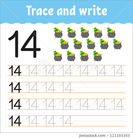 Learn Numbers. Trace and write. Handwriting practice. Learning numbers for kids. Education developing worksheet. Color activity page. Vector illustration. Learn Numbers. Trace and write. Handwriting practice. Learning numbers for kids. Education developing worksheet. Color activity page. Vector illustration. 121103383