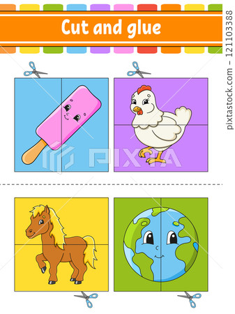 Cut and play. Paper game with glue. Flash cards. Education worksheet. Activity page. Funny character. cartoon . Vector illustration. Cut and play. Paper game with glue. Flash cards. Education worksheet. Activity page. Funny character. cartoon . Vector illustration. 121103388