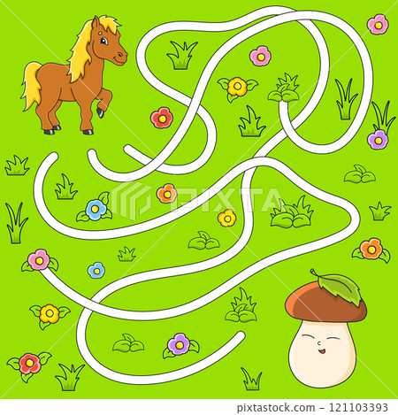 Funny maze for kids. Puzzle for children. cartoon character. Labyrinth conundrum. Find the right path. Vector illustration. Funny maze for kids. Puzzle for children. cartoon character. Labyrinth conundrum. Find the right path. Vector illustration. 121103393