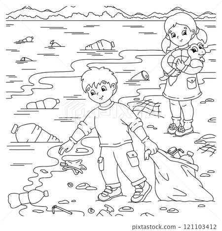 Children clean up the ocean coast from garbage. The problem of ecology. Ocean plastic pollution. Coloring book page for kids. Cartoon style character. Vector illustration isolated on white background. 121103412