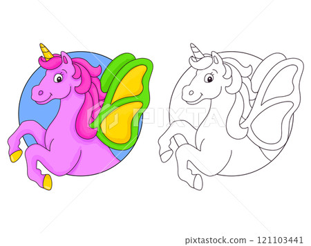 Horse unicorn head. Coloring book page for kids. Cartoon style character. Vector illustration isolated on white background. Horse unicorn head. Coloring book page for kids. Cartoon style character. Vector illustration isolated on white background. 121103441