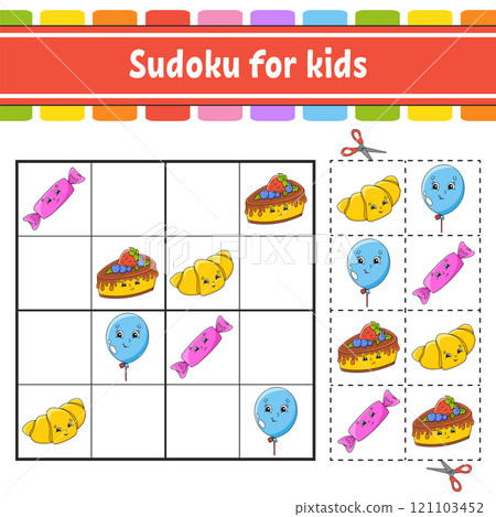 Sudoku for kids. Education developing worksheet. Activity page with pictures. Puzzle game for children. Logical thinking training. Isolated vector illustration. Funny character. Coon style. Sudoku for kids. Education developing worksheet. Activity page with pictures. Puzzle game for children. Logical thinking training. Isolated vector illustration. Funny character. Coon style. 121103452