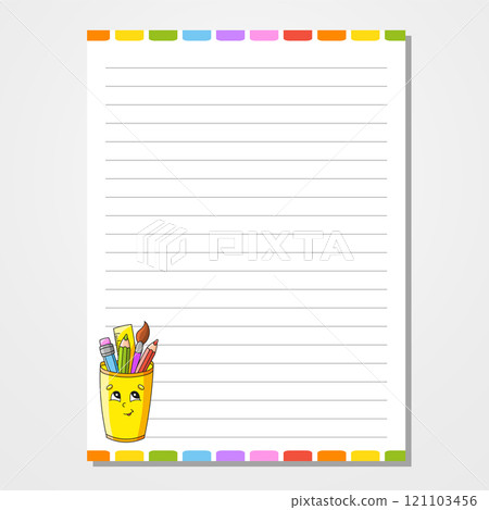 Sheet template for notebook, notepad, diary. Lined paper. Cute character. With a color image. Isolated vector illustration. cartoon style. Sheet template for notebook, notepad, diary. Lined paper. Cute character. With a color image. Isolated vector illustration. cartoon style. 121103456