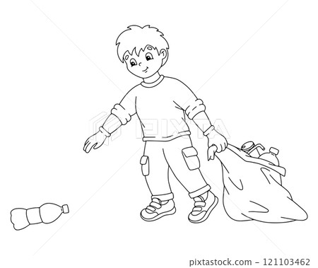 The boy puts the garbage in the trash bag. Coloring page for kids. Digital stamp. Cartoon style character. Vector illustration isolated on white background. The boy puts the garbage in the trash bag. Coloring page for kids. Digital stamp. Cartoon style character. Vector illustration isolated on white background. 121103462