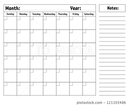 Blank calendar template for one month without dates. Colorful design with a cute character. Vector illustration. Blank calendar template for one month without dates. Colorful design with a cute character. Vector illustration. 121103486