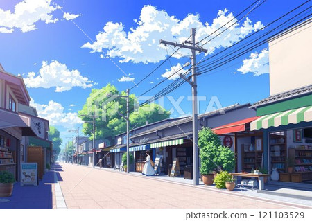 Anime style Japanese shopping street on a sunny day 121103529